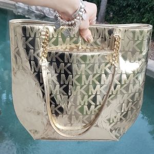 Michael Kors EUC metallic gold signature large tote bag embossed monogram MK